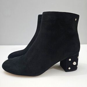 NEW Kate Spade Taraji Ankle Bootie Womens 9.5 Black Suede Pearl Statement Heel